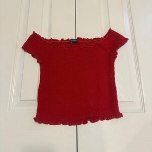 Brandy Melville Red Smocked Off The Shoulder Top Lettuce Edge Short Sleeve OS